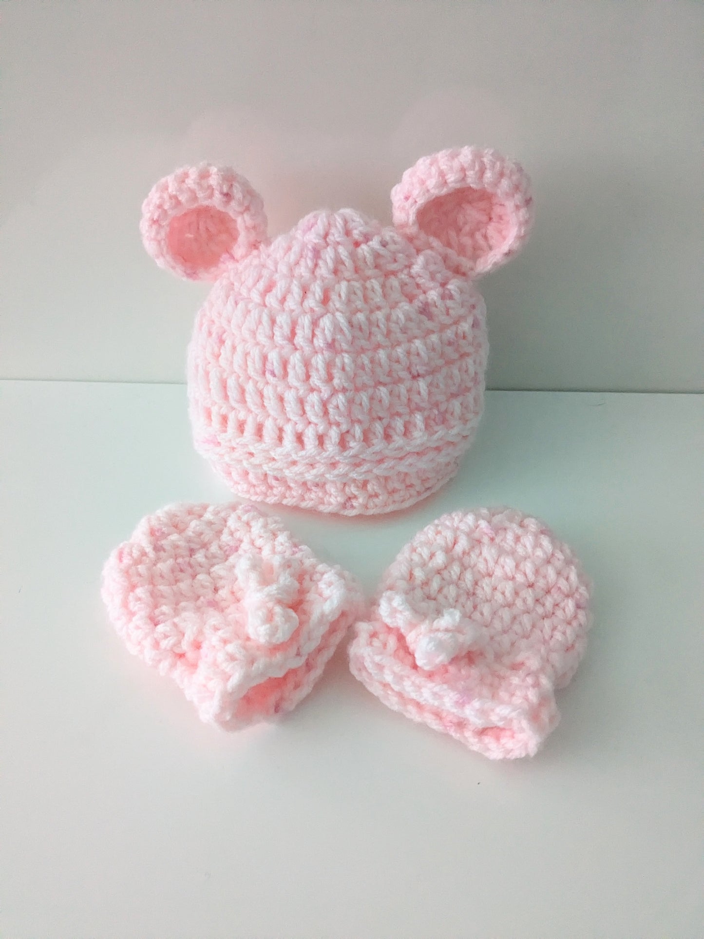 Baby Pink Teddy Bear or Pom-Pom hat and Mittens Set