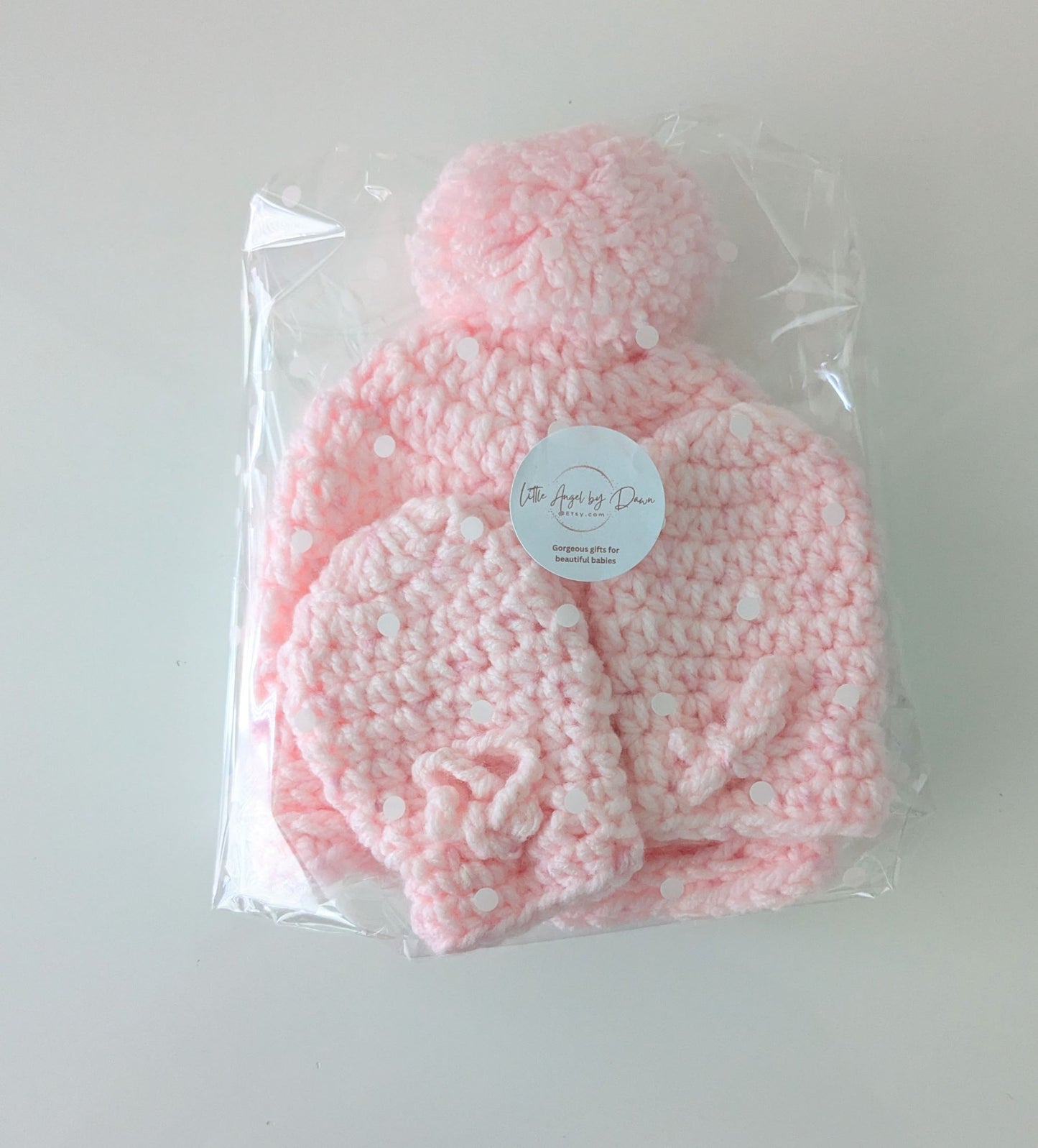 Baby Pink Teddy Bear or Pom-Pom hat and Mittens Set