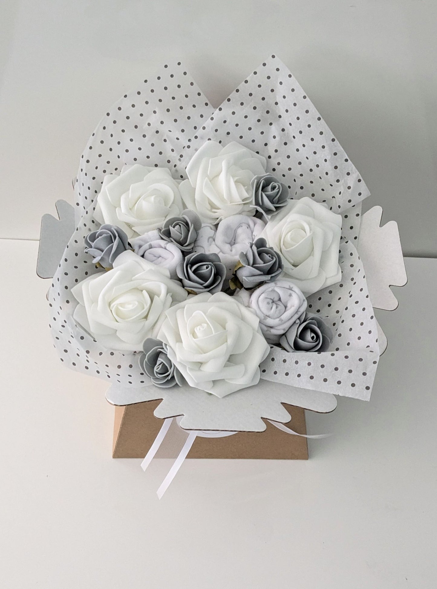 Baby Gift Bouquet in Grey and White - 5 piece clothing set