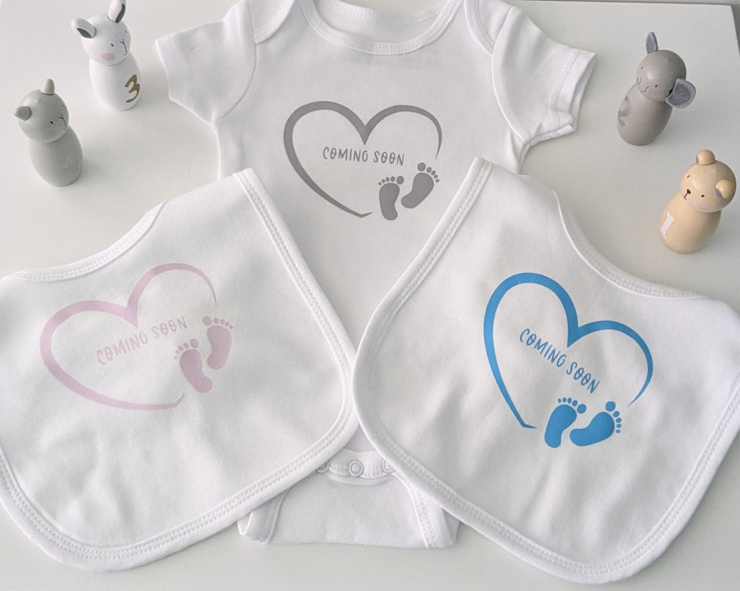 Coming Soon Pregnancy Announcement Photo Prop on a Baby Bib or Bodysuit