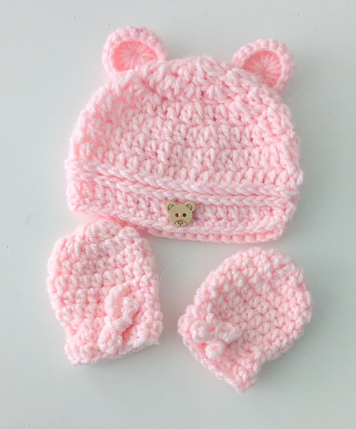 Baby Pink Teddy Bear or Pom-Pom hat and Mittens Set