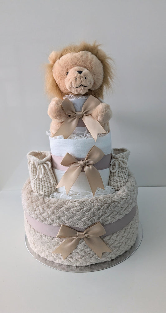 Unisex Beige and White Lion Nappy Cake Gift