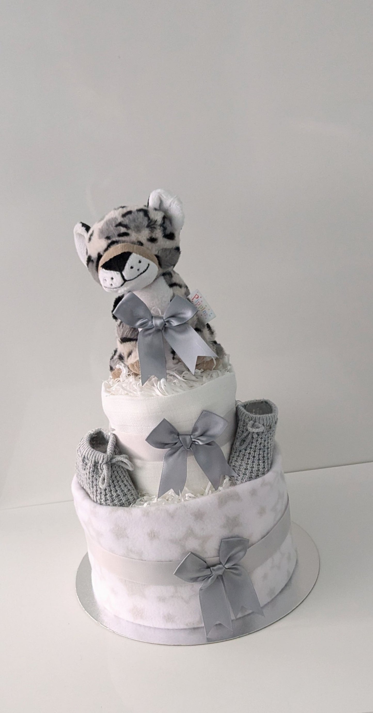 Unisex Snow Leopard Nappy Cake in Grey and White