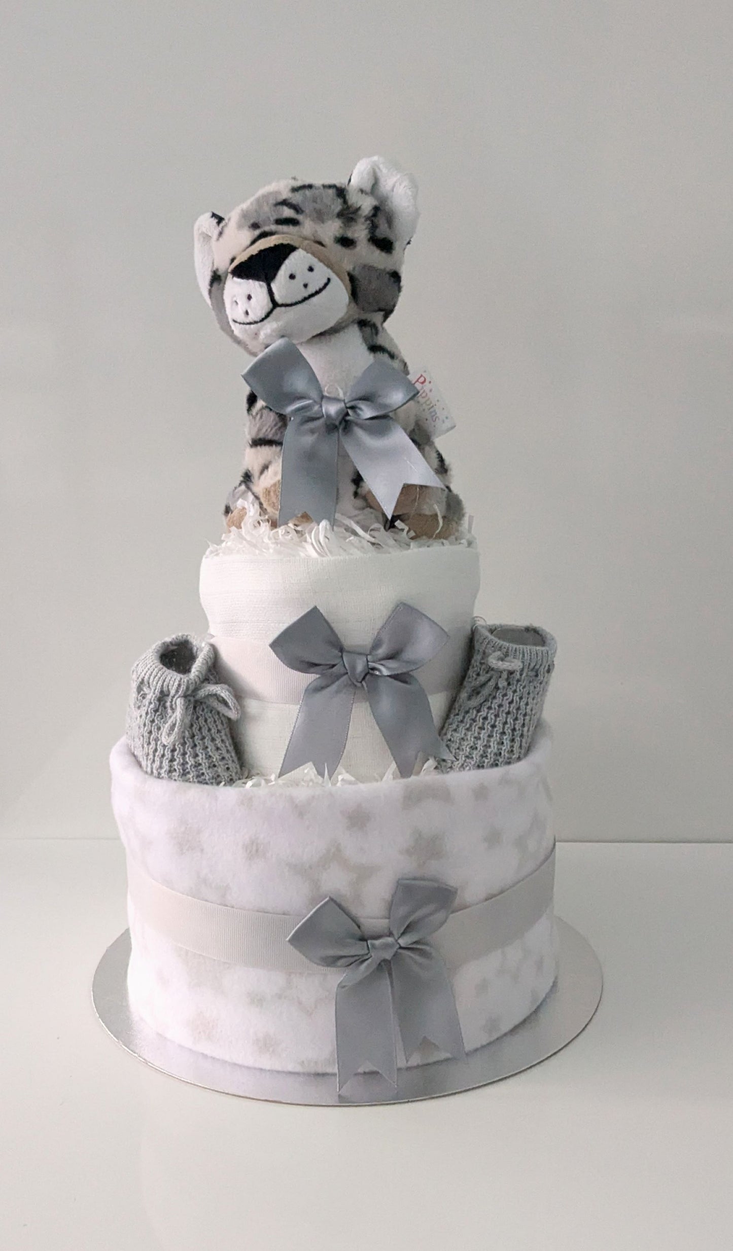 Unisex Snow Leopard Nappy Cake in Grey and White