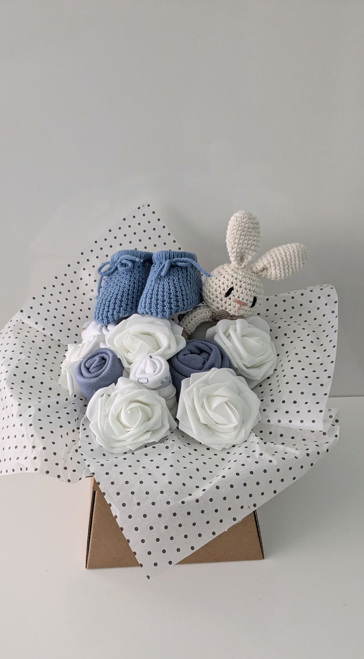 Personalised Baby Clothes Bouquet Gift - 2-in-1 New Mum & Baby Gift in Dusky Blue