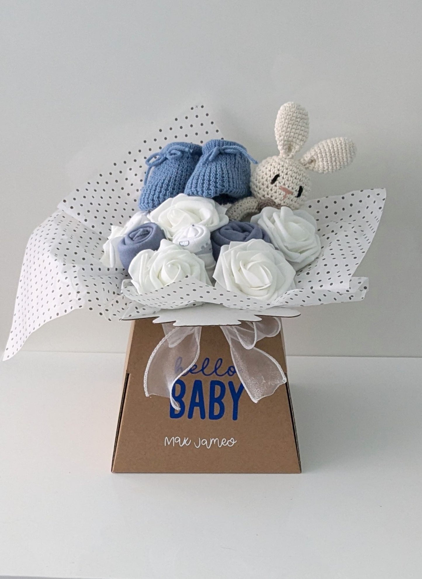 Personalised Baby Clothes Bouquet Gift - 2-in-1 New Mum & Baby Gift in Dusky Blue