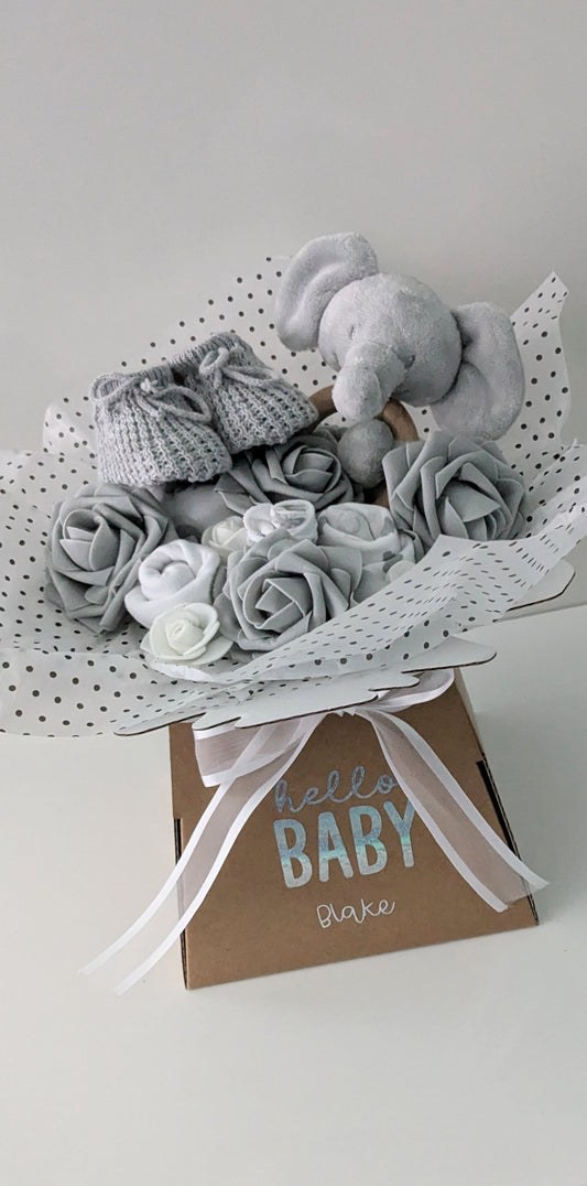 Personalised Unisex Baby Clothes Bouquet Gift - 2-in-1 Mum & Baby Gift - Baby Shower Gift - New Baby Gift - Grey and White Baby Clothes 0-6M