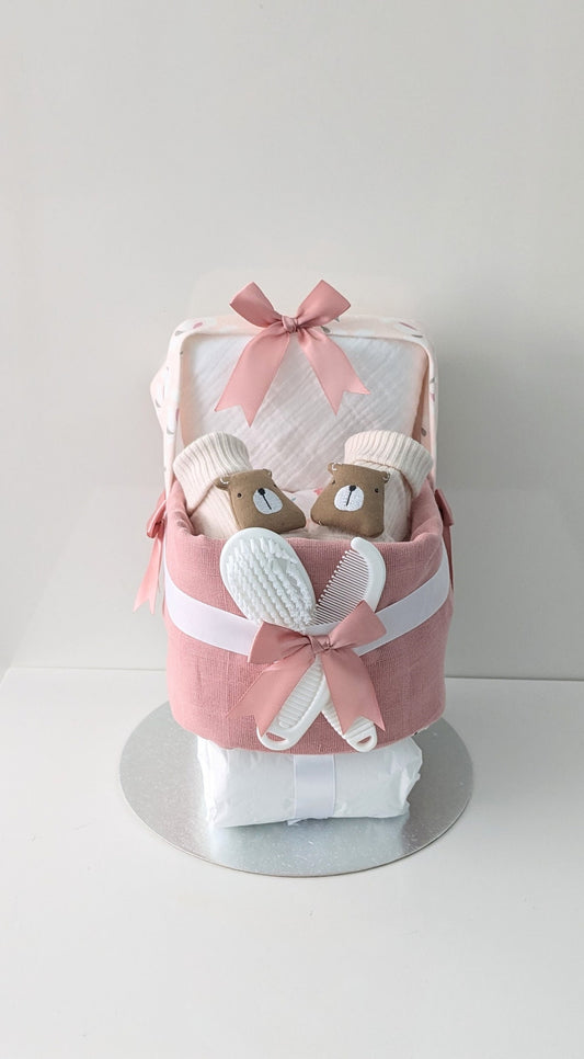 New Baby Girl Gift of Rose-Gold Pram Nappy Cake