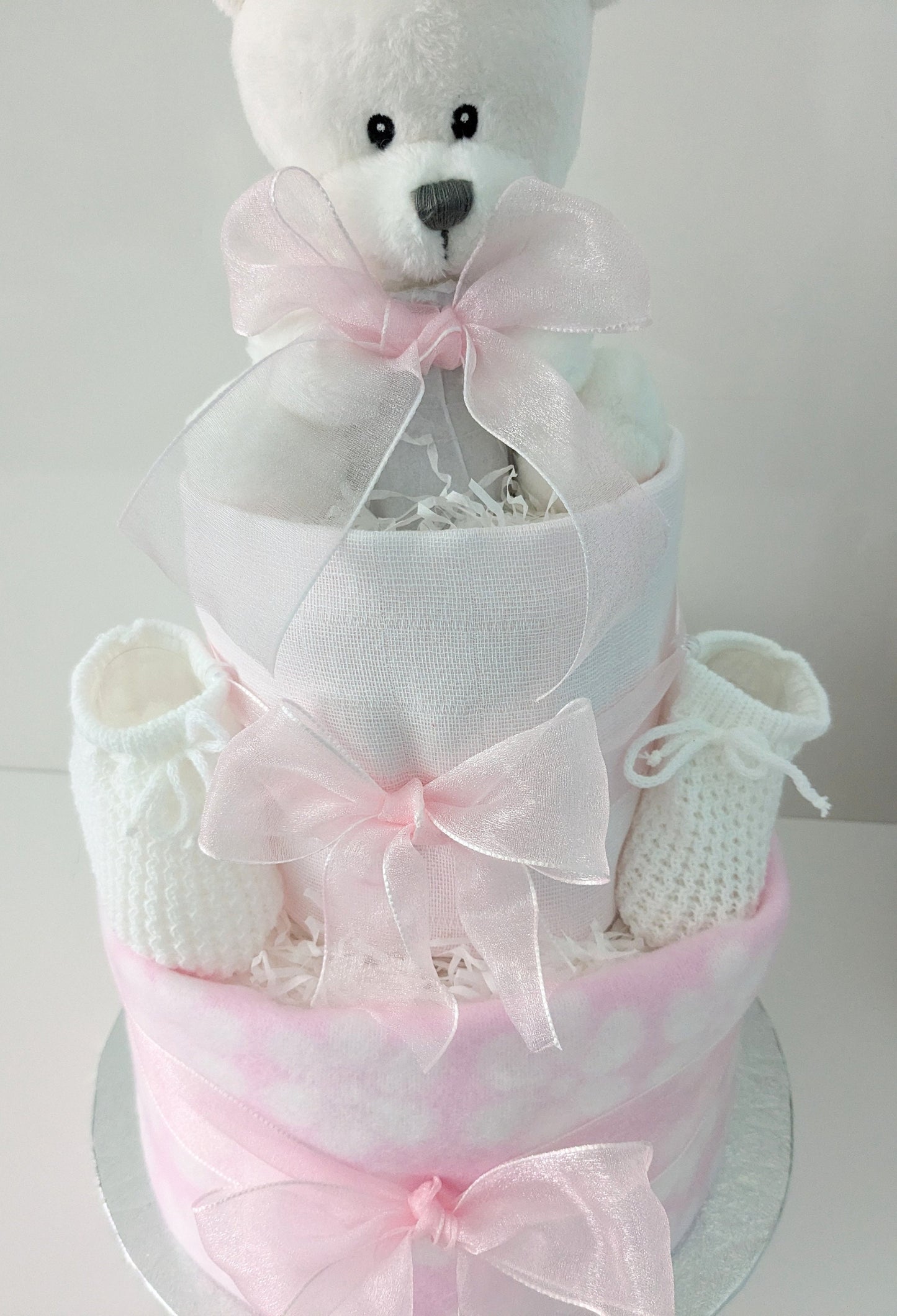 Baby Bundles Bear Pink and White Nappy Cake.