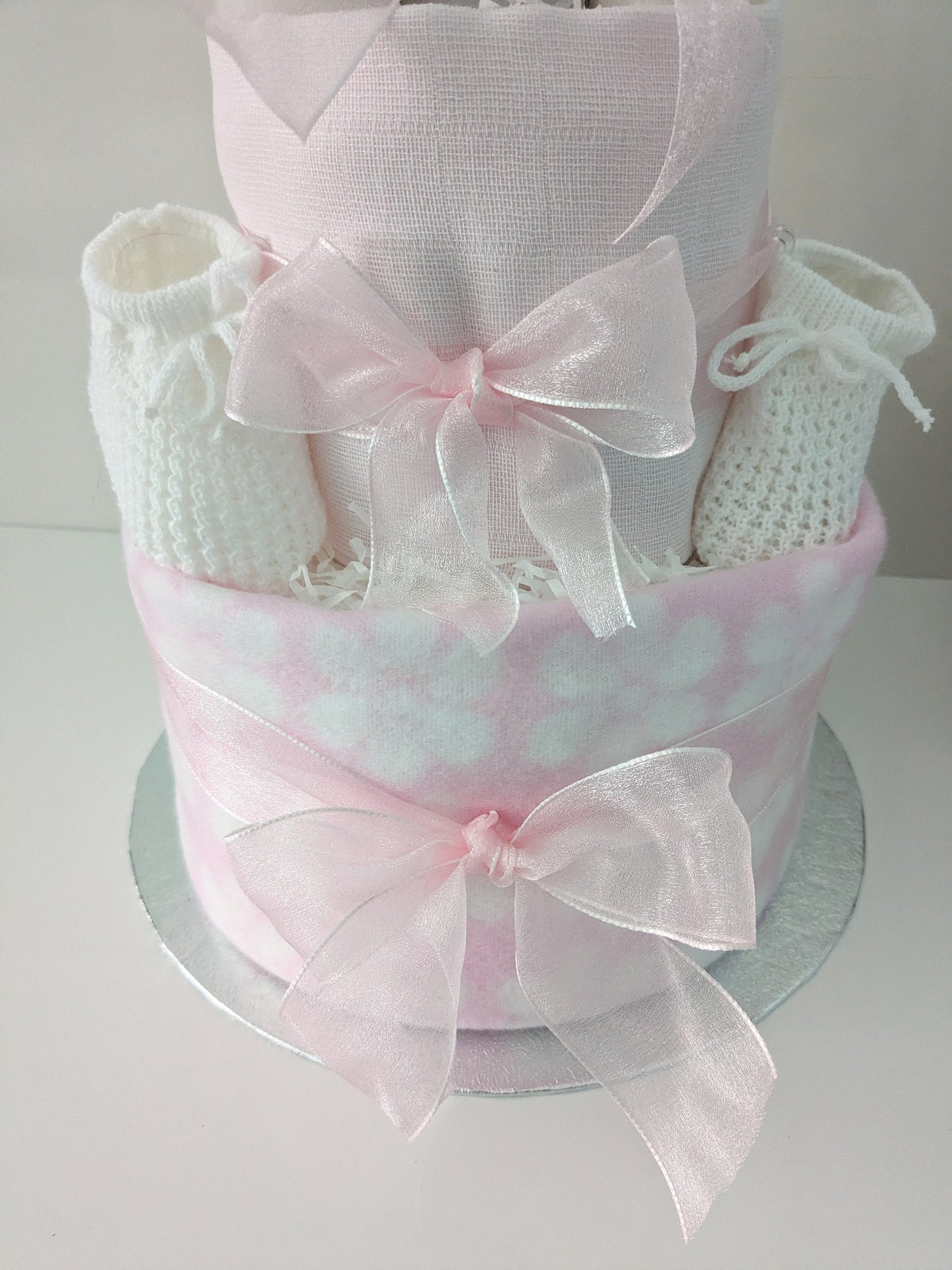 Baby Bundles Bear Pink and White Nappy Cake.