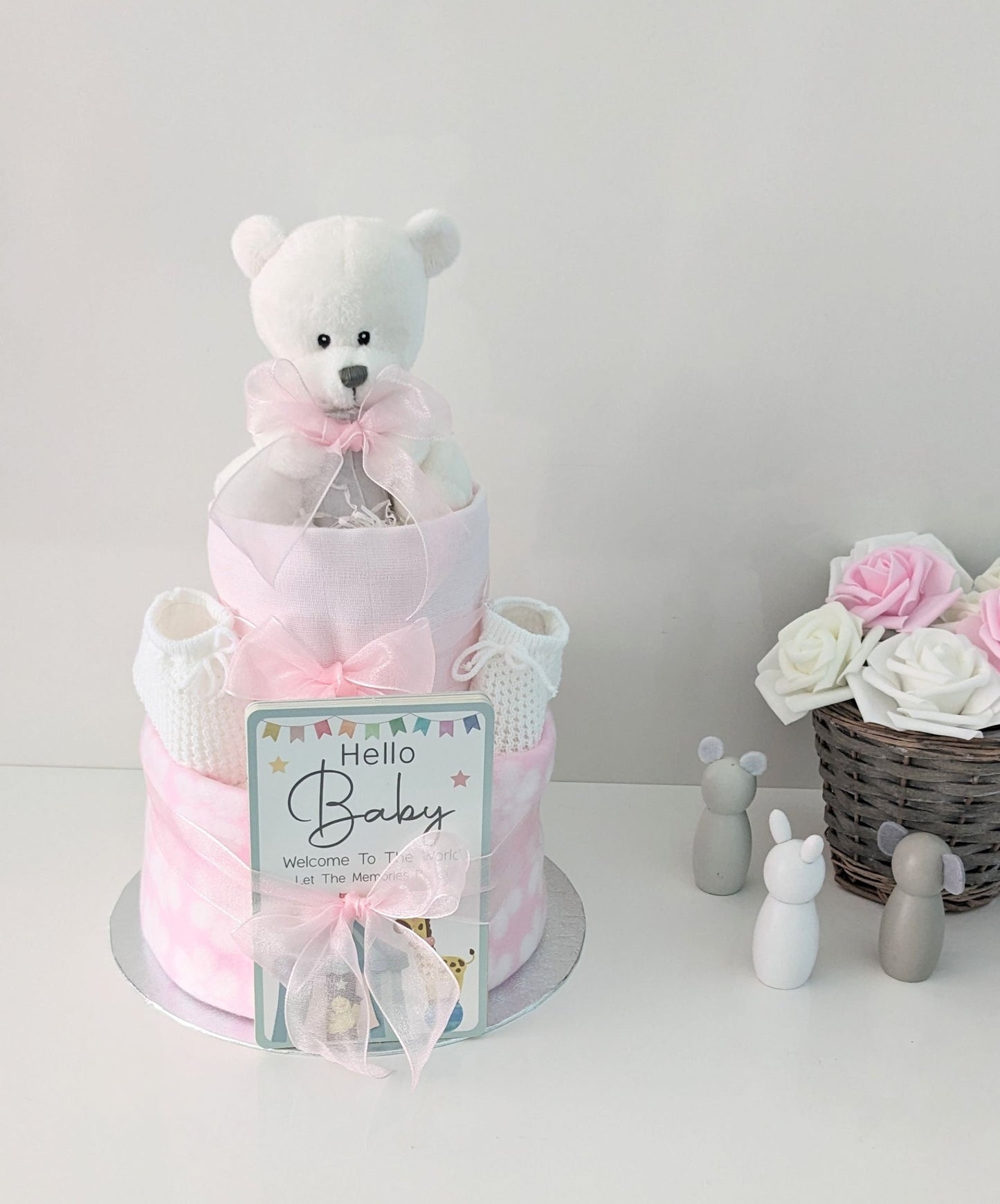 Baby Bundles Bear Pink and White Nappy Cake.