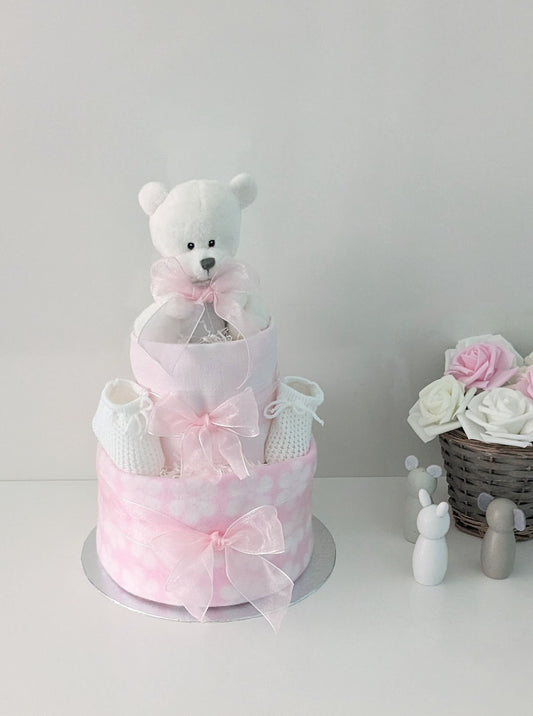 Baby Bundles Bear Pink and White Nappy Cake.