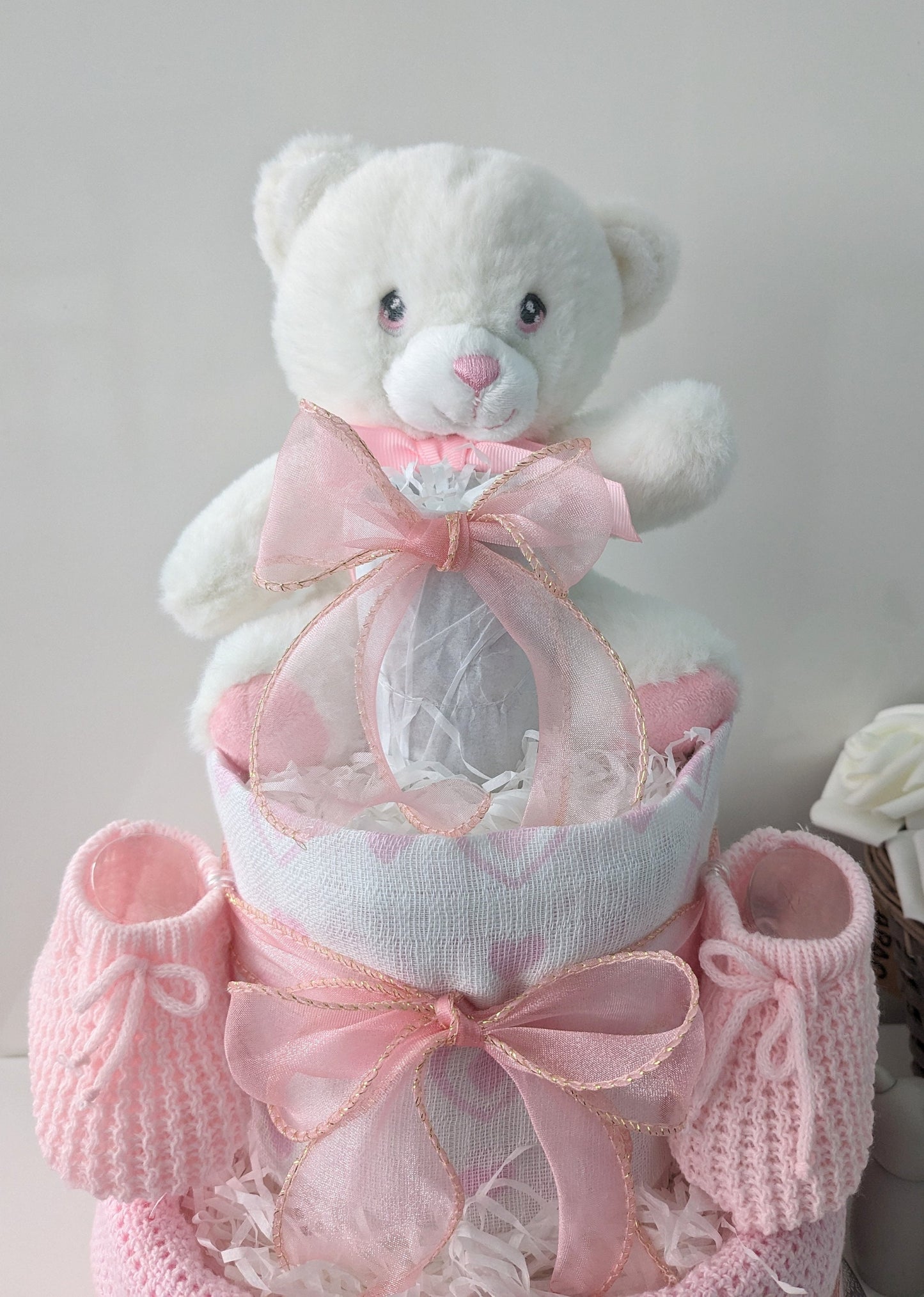 Pink & White Bear Nappy Cake Baby Gift