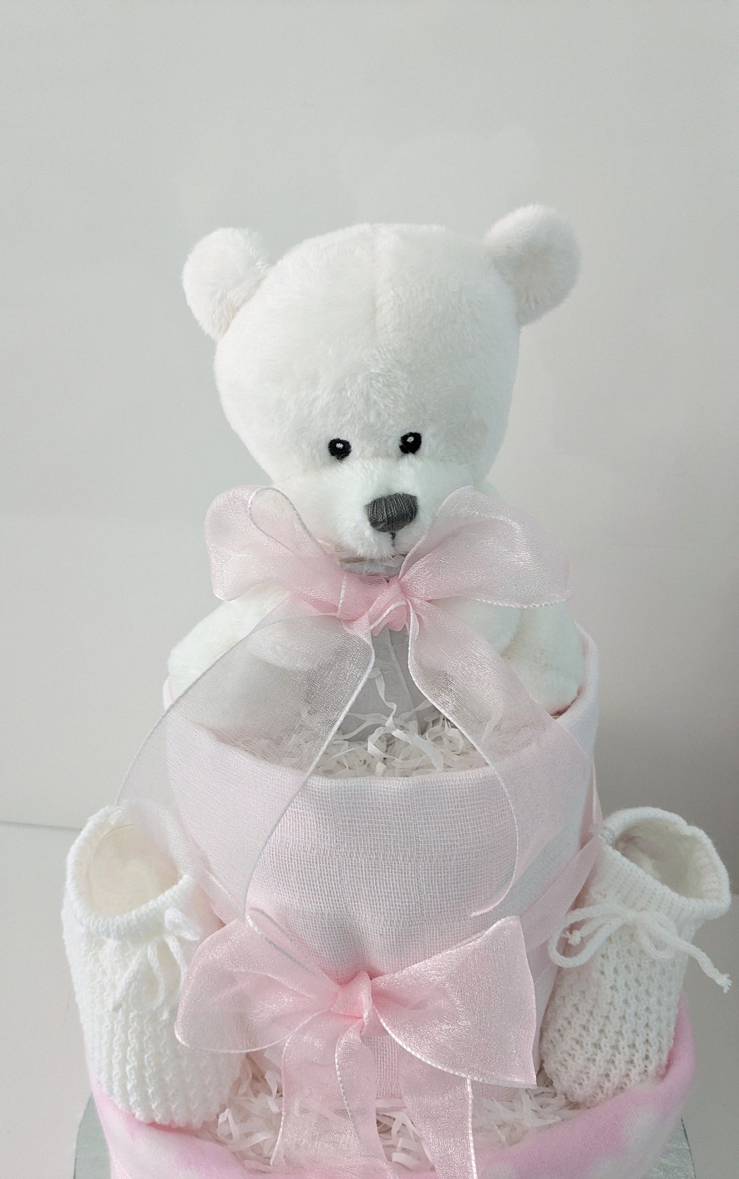 Baby Bundles Bear Pink and White Nappy Cake.