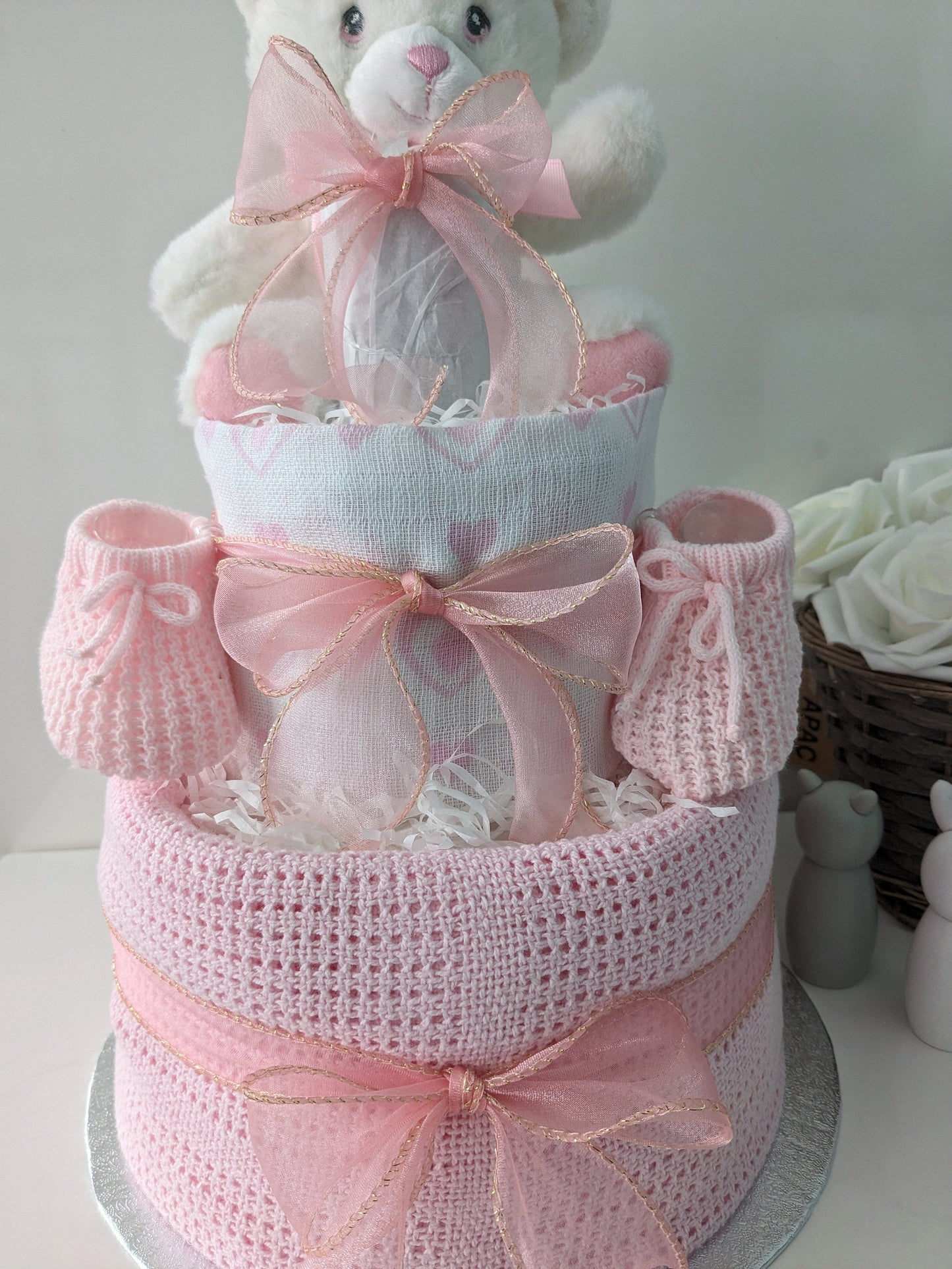 Pink & White Bear Nappy Cake Baby Gift