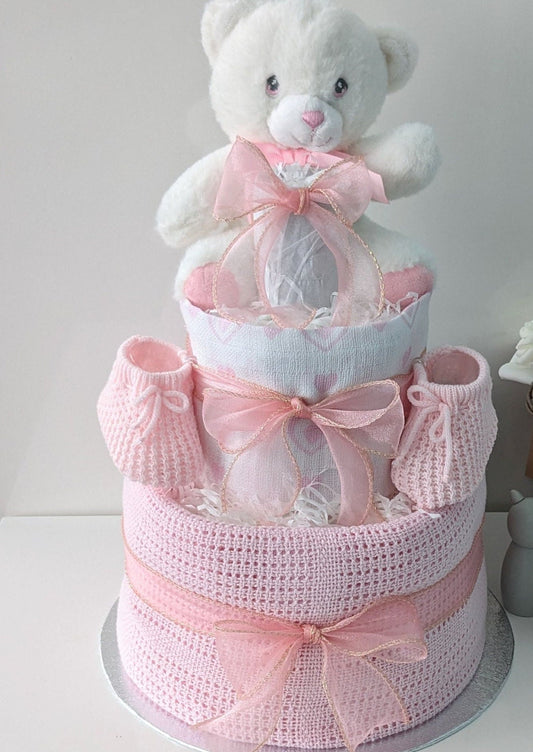 Pink & White Bear Nappy Cake Baby Gift