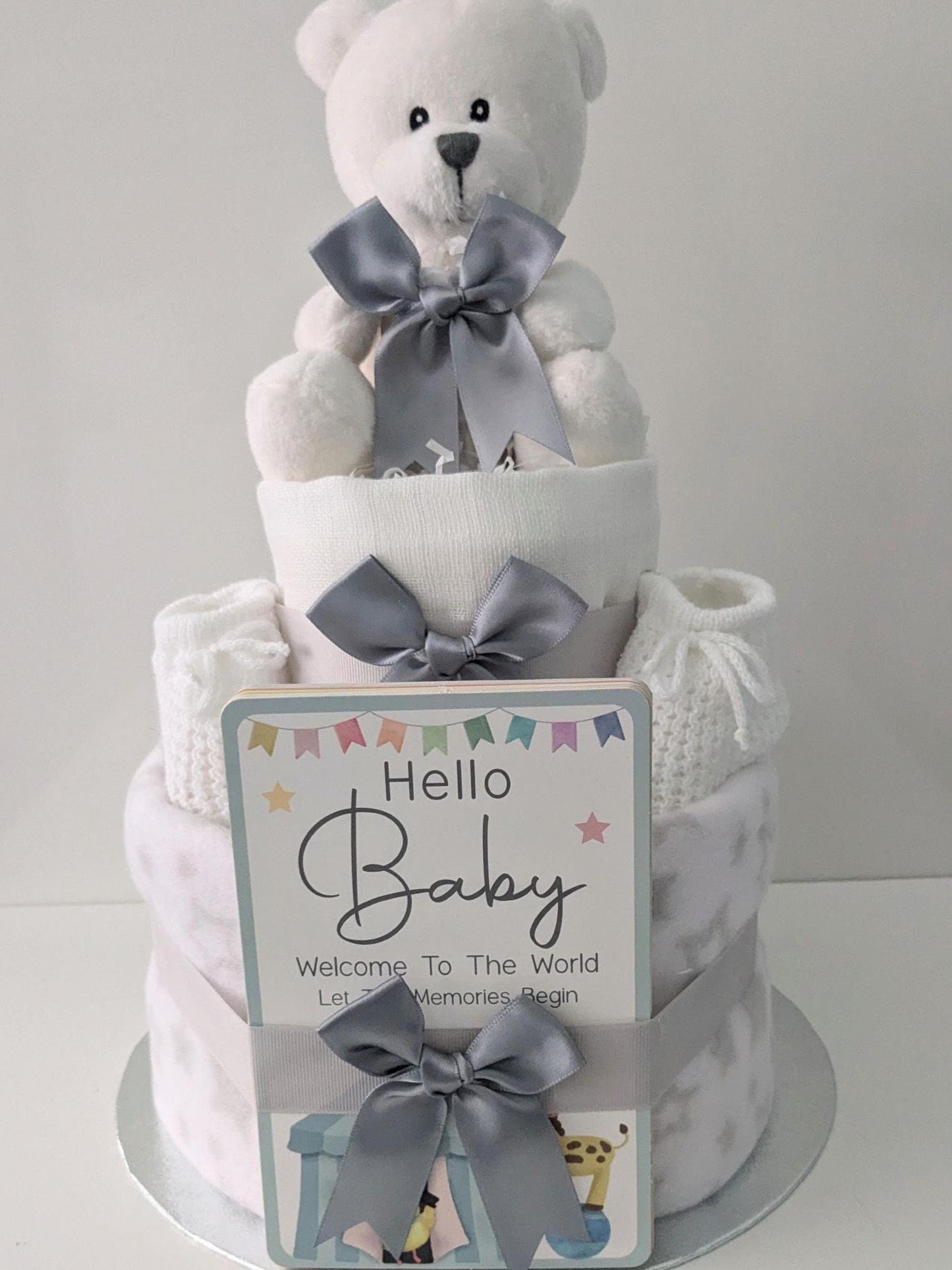 White teddy Bear Nappy Cake Baby Gift.