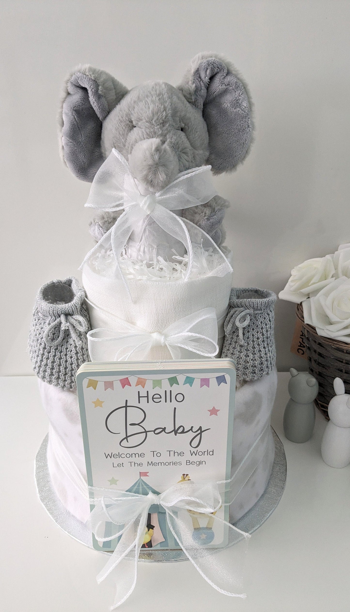 Unisex Grey  Elephant Baby Shower Nappy Cake