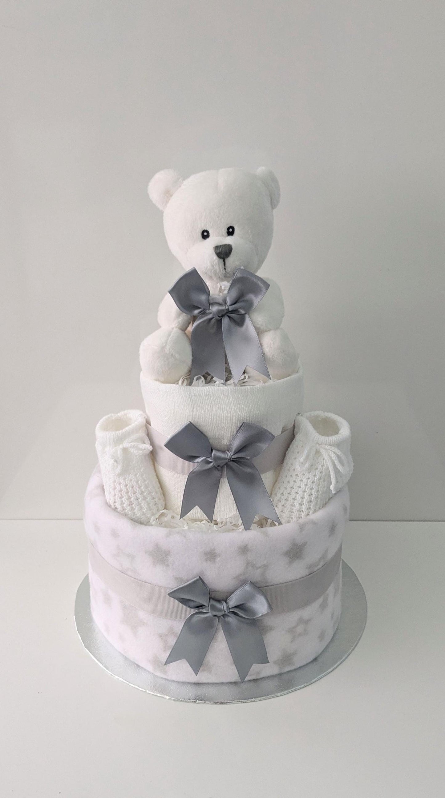 White teddy Bear Nappy Cake Baby Gift.