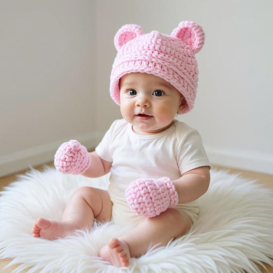 Baby Pink Teddy Bear or Pom-Pom hat and Mittens Set
